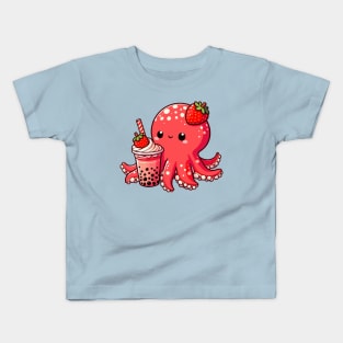 cute octopus creamy strawberry boba Kids T-Shirt